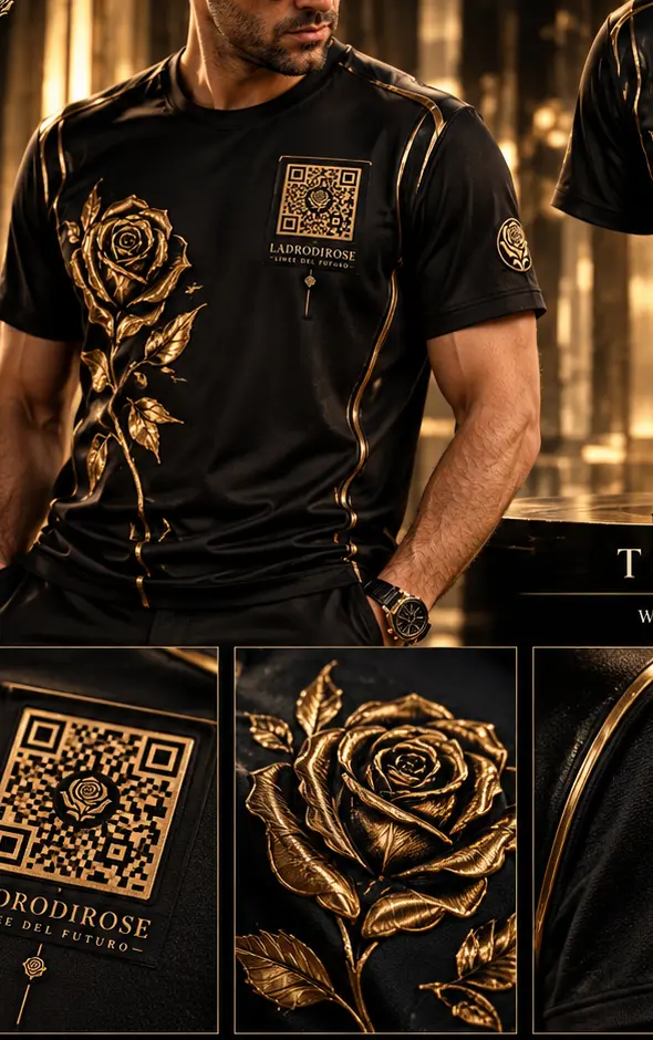 T-shirt uomo nera e oro LADRODIROSE ROSE MESSAGE